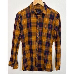 Polo Ralph Lauren Mens Mustard Yellow Navy Blue Plaid Slim Fit Button Down Shirt